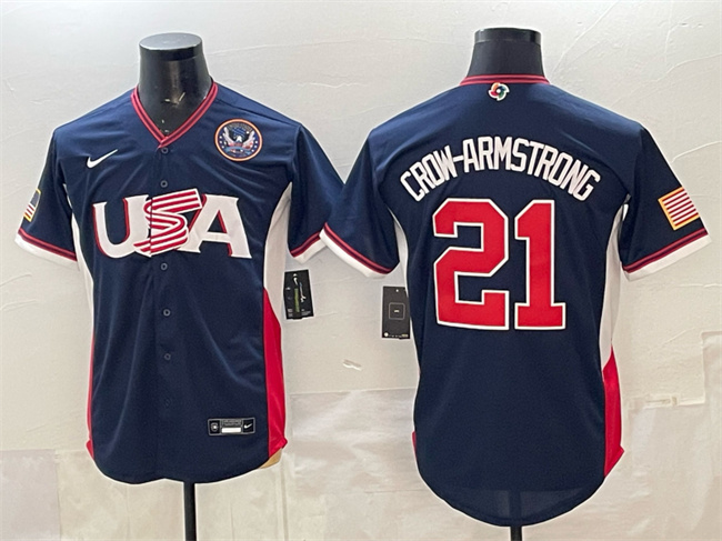Men's USA Baseball #21 Pete Crow-Armstrong Navy 2026 World Baseball Classic United States 250th Anniversary Patch Road Stadium Stitched Jersey